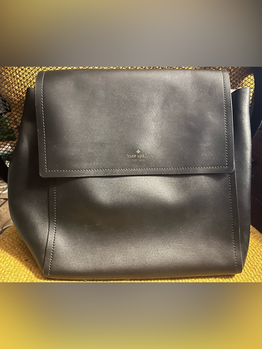 kate spade Black Leather Messenger Bag with Gold Logo